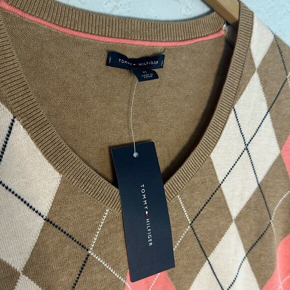 NEW Tommy Hilfiger Camel Tan Argyle Sweater V Neck Golf Caddyshack Sporty Preppy - Picture 6 of 8